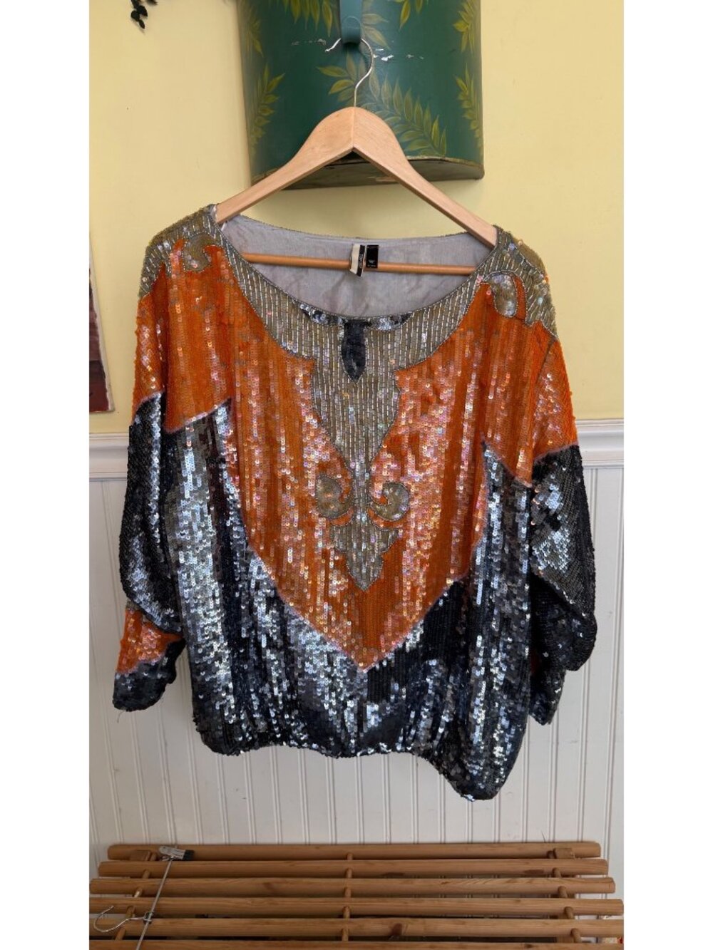 Topshop Womens Sequin Embellished Top With Orange Black & Silver Design 3/4 Slee